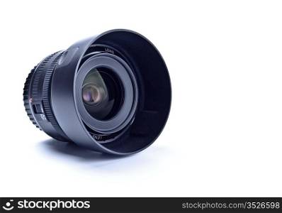 wide angle lens with hood isolated on white background