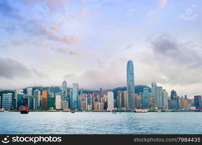 Wide angle panorama of Hong Kong at sunset