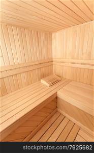 Wide angle photo of wooden sauna