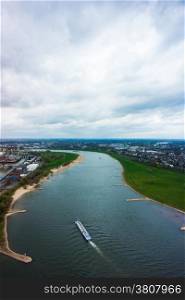 Wide angle picture of river Rhine, Duesseldorf. Seen from the television tower Rheinturm, Germany . Duesseldorf mediahafen (harbour) in Rheinland-Westphalia