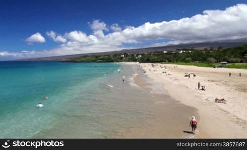 Wide angle time lapse of Hapuna Beach in Hawaii as people enjoy a beautiful day in the sun