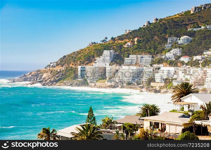 Wide Angle view of Clifton Beach and apartments in Cape Town South Africa