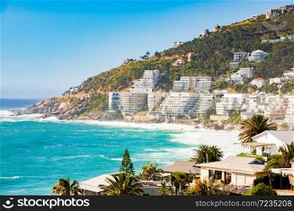 Wide Angle view of Clifton Beach and apartments in Cape Town South Africa