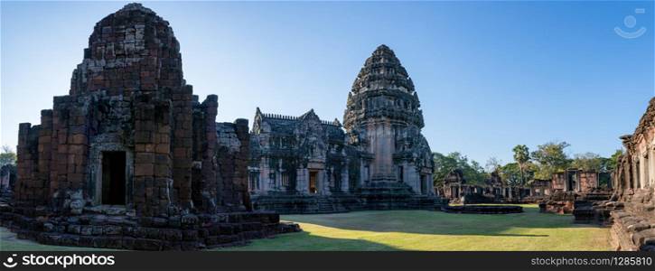 wide angle view of prasat hin phimai important historical traveling destination in nakorn ratchasima north eastern of thailand