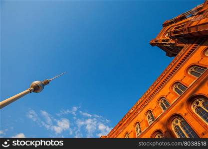 Wide angle view of Rotes Rathaus and Fernsehturm (TV Tower), Berlin