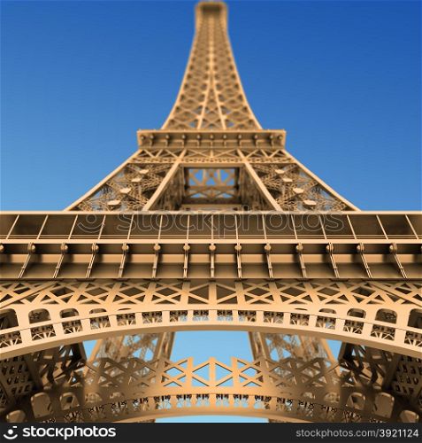 Wide-angle view of the Eiffel Tower, Paris, France. Looking upwards from the base of the tower