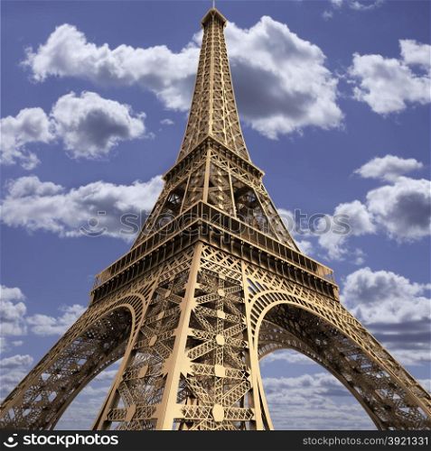 Wide-angle view of the Eiffel Tower, Paris, France. Looking upwards from the base of the tower