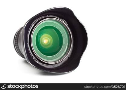 wide angle zoom lens with hood isolated on white background