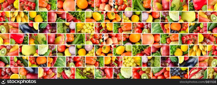 Wide background fruits and vegetables separated vertical and horizontal lines in form brick wall.