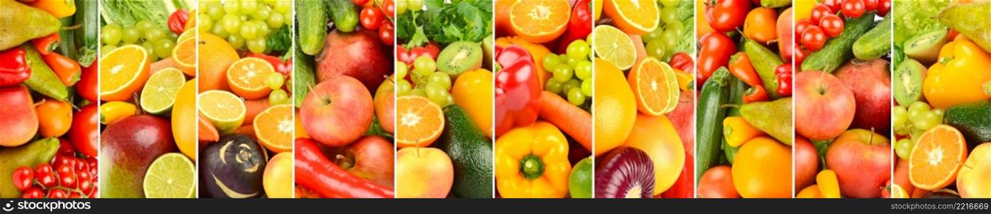 Wide background of fresh vegetables, fruits, berries, separated by vertical lines.
