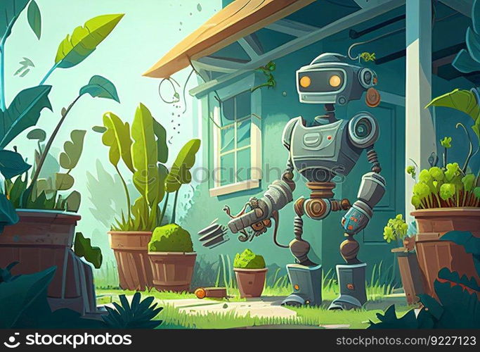 Wide banner of robot gardener or housework assistant illustration. Ai genrative.