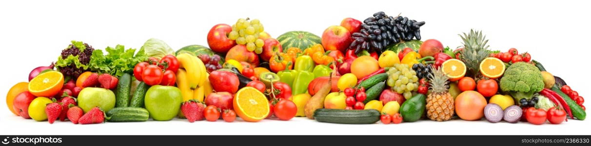 Wide collage ripe, fresh vegetables, fruits and berries isolated on white background.