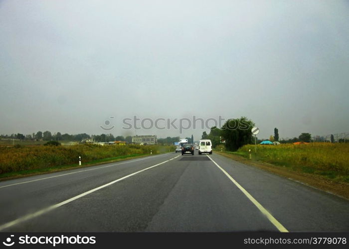 Wide highway and landscape. North Caucasus travel.