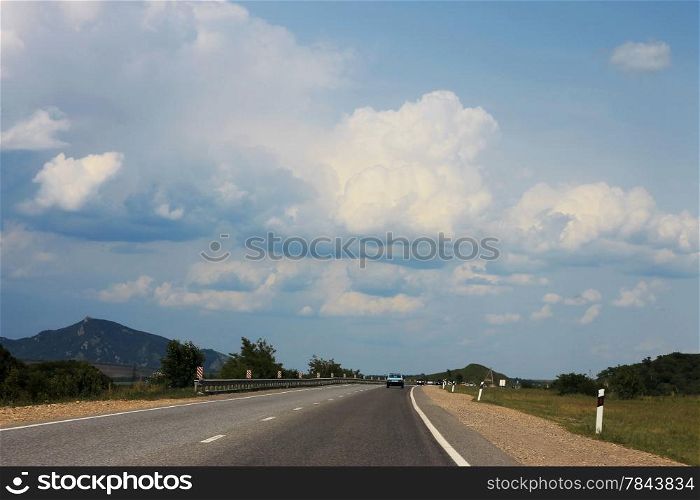 Wide highway and landscape. North Caucasus travel.