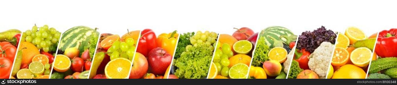 Wide panorama healthy fruits and vegetables separated by vertical lines on white background.