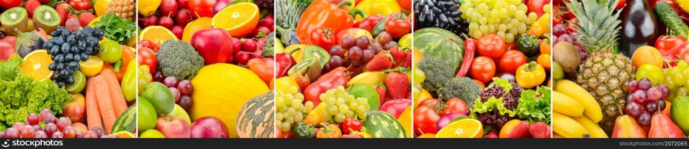 Wide panoramic background healthy fresh vegetables, fruits and berries.