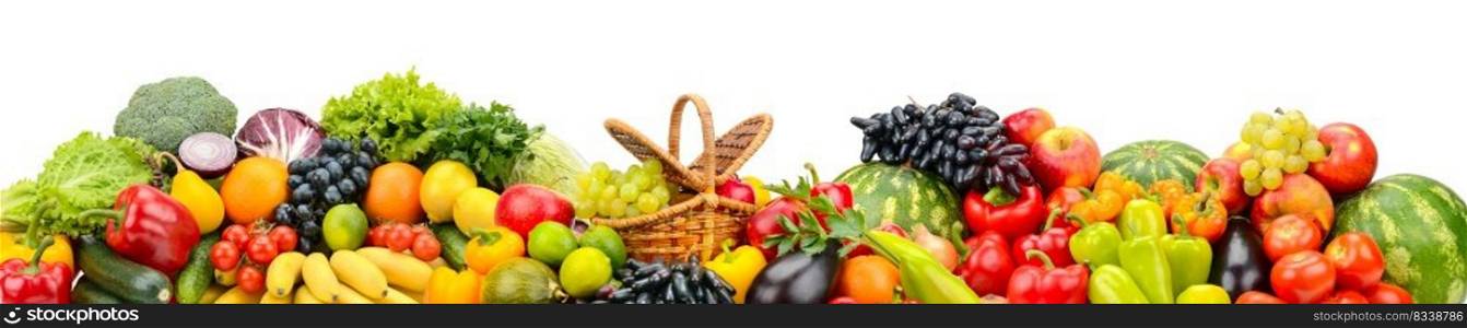 Wide panoramic composition of juicy fruits, berries and vegetables isolated on white background.
