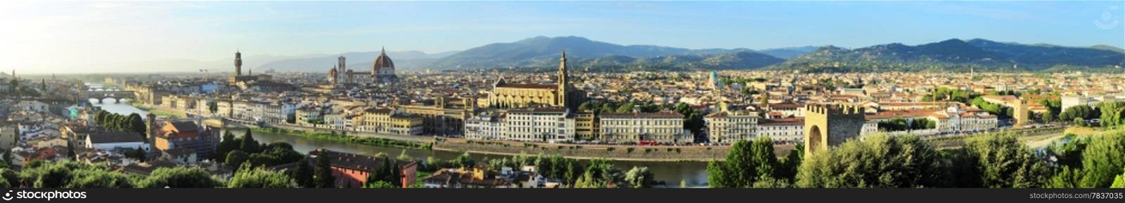 Wide panoramic view of Florence at sunset, Italy