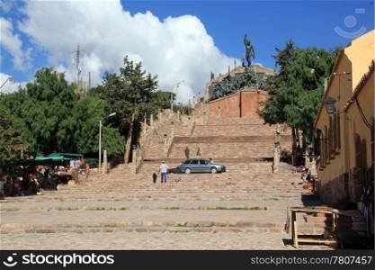 Wide staircase to the top of hill in Humahuaca, Argentina
