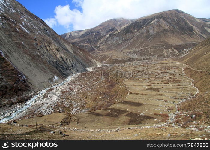 Wide valley and mountain near Samdo in Nepal