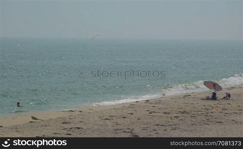 Wide view of beachgoers view of Ho Hum beach on Fire Island