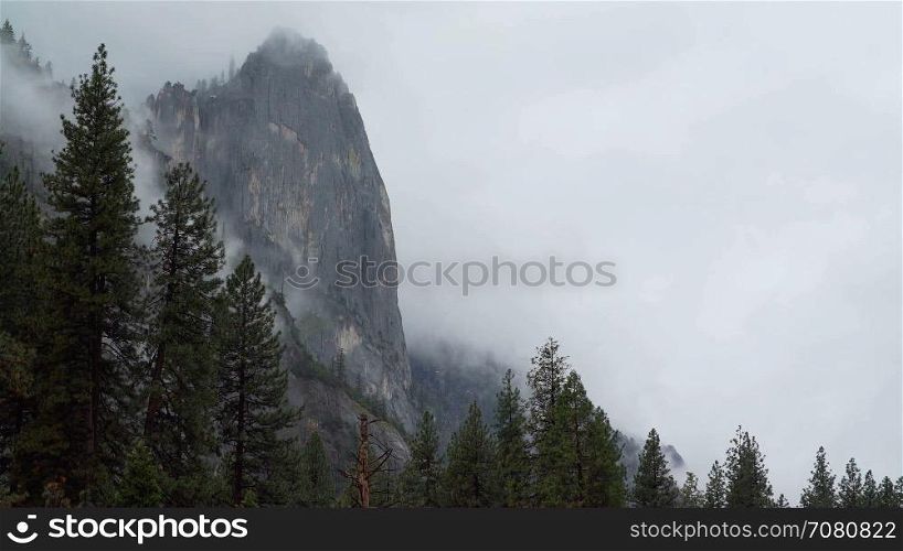 Wide view of storm in Yosemite infront of El Capitan