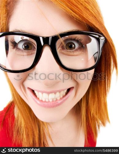 wideangle distorted picture of funny female face