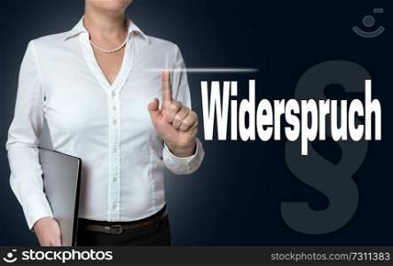 widerspruch (in german contradictory) touchscreen is operated by businesswoman.. widerspruch (in german contradictory) touchscreen is operated by businesswoman
