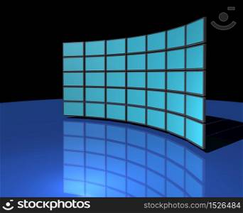 Widescreen monitor display wall on dark blue reflective background. Widescreen monitor wall