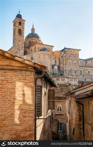Wiew of the Cathedral (Duomo) of Urbino and the city houses, in Italy