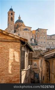 Wiew of the Cathedral (Duomo) of Urbino and the city houses, in Italy