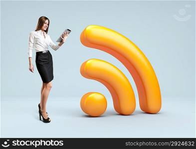 Wifi 3d icon. Businesswoman stand with tablet pc near Wireless network symbol.