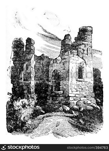 Wigmore Castle Ruins, vintage engraved illustration. Colorful History of England, 1837.