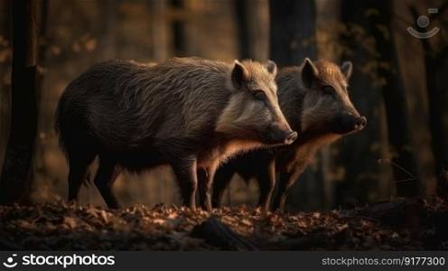 Wild boars in nature. Illustration Generative AI
