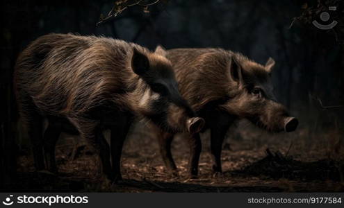 Wild boars in nature. Illustration Generative AI
