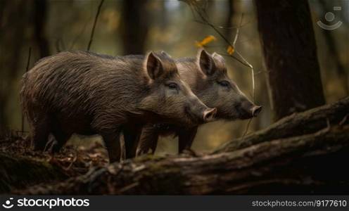 Wild boars in nature. Illustration Generative AI

