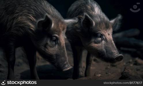 Wild boars in nature. Illustration Generative AI 
