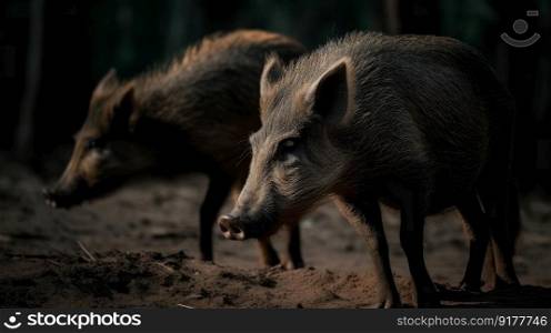 Wild boars in nature. Illustration Generative AI 