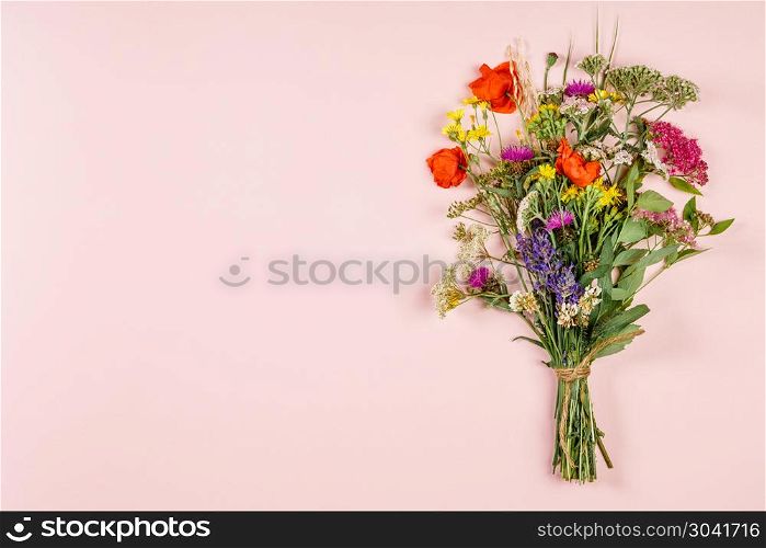 Wild flower bouquet on pastel color background. Top view, flat lay. Wild flower bouquet on pastel color background