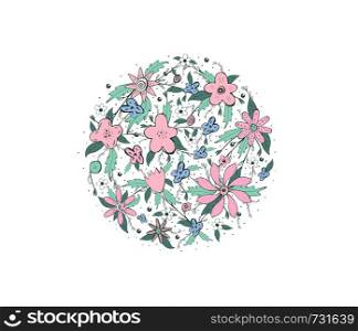 Wild flowers and leaves round badge. Doodle style circle composition isolated on white background. Vector ilustration.