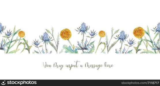 Wild flowers background Watercolor. Field flowers. Flower illustrations. Bohemian bouquets of flowers, wreaths, wedding compositions, anniversary, birthday, Invitations greeting cards. Wild flowers background Watercolor. Field flowers. Repetition of summer horizontal border. Watercolor compositions for the design of greeting cards or invitations. Illustration