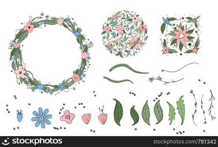 Wild flowers elements set isolated on white background. Wreath, round badge, square composition and other floral objects in doodle style. Vector ilustration.