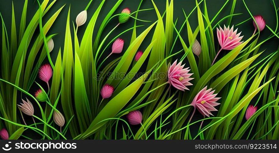 Wild flowers spring grass seamless pattern
illustration. AI generative.