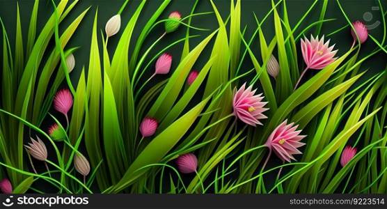 Wild flowers spring grass seamless pattern
illustration. AI generative.