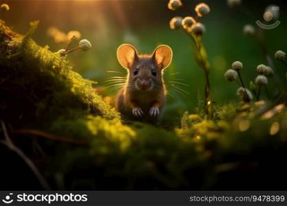 Wild mouse resting on the forest floor with lush green vegetation. Generative AI