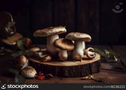 Wild mushroom on table. Raw organic food. Generate Ai. Wild mushroom on table. Generate Ai