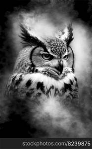 Wild owl in the forest. Black and white style, wildlife element. Generated AI. Wild owl in the forest. Black and white style, wildlife element. Generated AI.