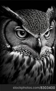 Wild owl in the forest. Black and white style, wildlife element. Generated AI. Wild owl in the forest. Black and white style, wildlife element. Generated AI.