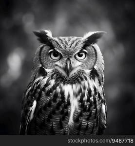 Wild owl in the forest. Black and white style, wildlife element. Generated AI