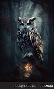 Wild owl in the forest. Colorful realistic style, wildlife element. Generated AI.. Wild owl in the forest. Colorful realistic style, wildlife element. Generated AI..